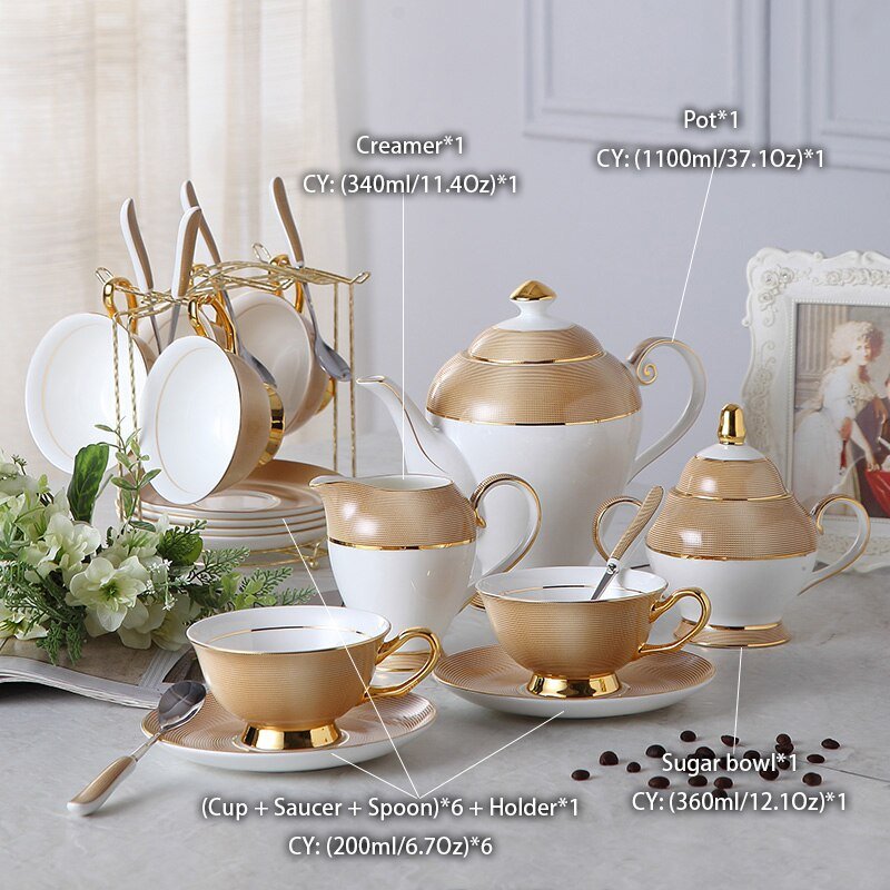 Luxury Gold Bone China Coffee Set Porcelain Tea Set Advanced Cup Ceramic Mug Pot Sugar Bowl Creamer Teapot Drinkware Coffeeware