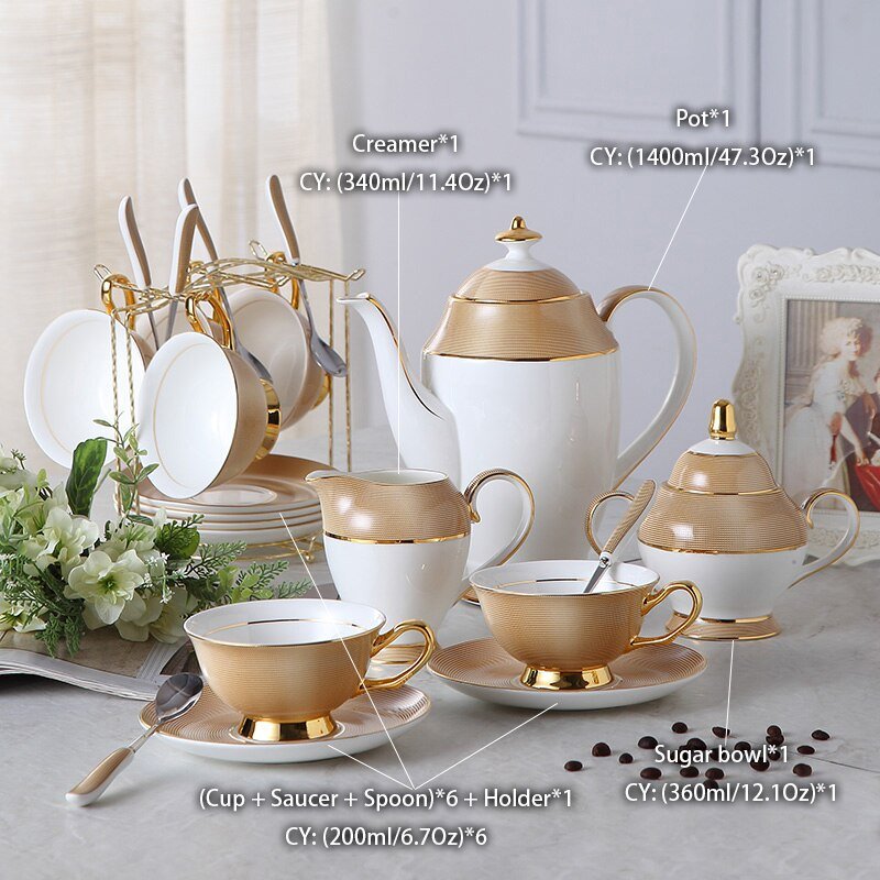 Luxury Gold Bone China Coffee Set Porcelain Tea Set Advanced Cup Ceramic Mug Pot Sugar Bowl Creamer Teapot Drinkware Coffeeware