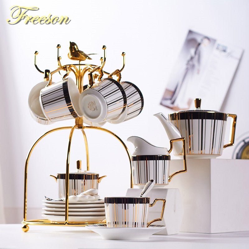 Gold Inlay Bone China Coffee Set Luxury Porcelain Tea Set Advanced Pot Cup Ceramic Mug Sugar Bowl Creamer Teapot Party Drinkware