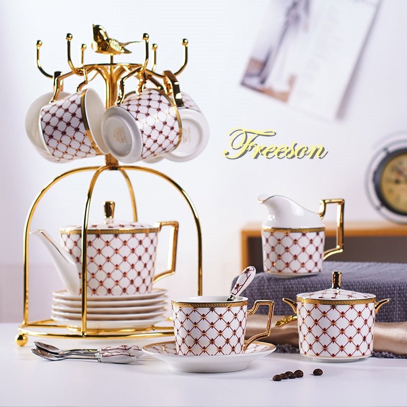 Elegant Bone China Coffee Set Gold Porcelain Tea Set Luxury Pot Cup Ceramic Mug Sugar Bowl Creamer Teapot Milk Jug Coffeeware