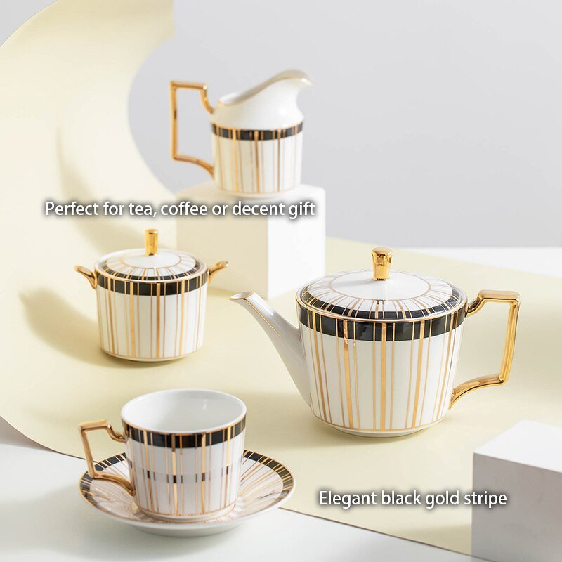 Gold Inlay Bone China Coffee Set Luxury Porcelain Tea Set Advanced Pot Cup Ceramic Mug Sugar Bowl Creamer Teapot Party Drinkware